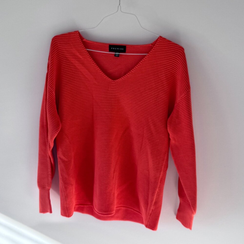 Premise Orange V-Neck Ribbed Knit Sweater | Lightweight Cozy Top